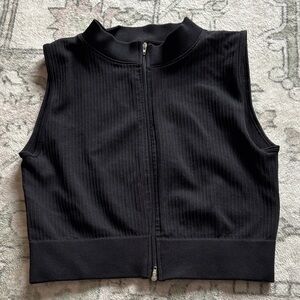 Black Ribbed Zip-Front Sleeveless Crop Top